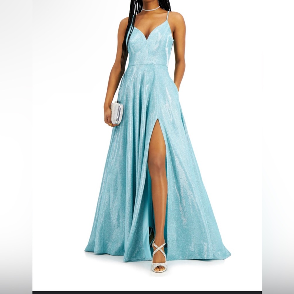 Womens Aqua teal Glitter Slitted Spaghetti Strap Neckline Full-Length